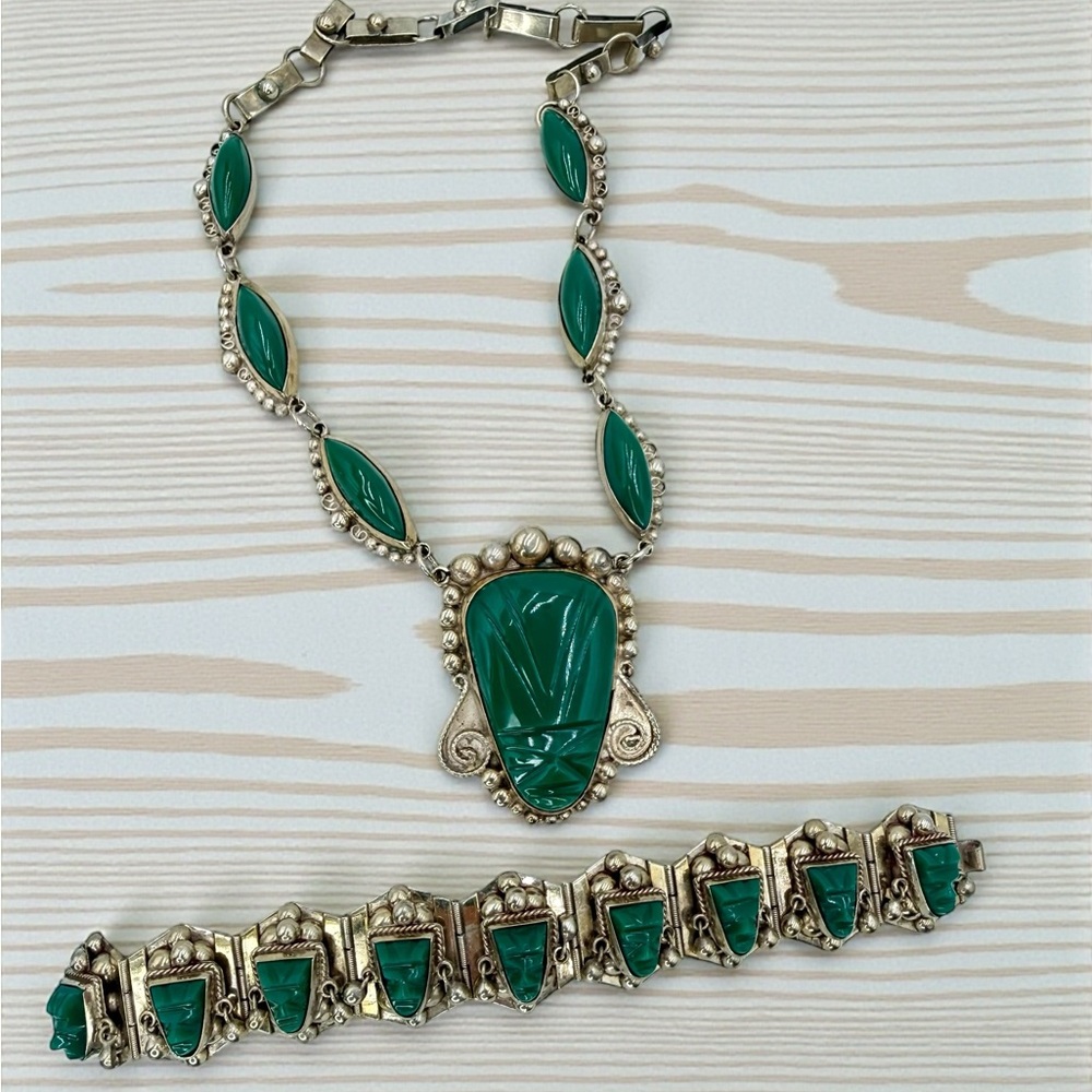 Vintage Mexico Sterling Green Onyx Aztec Mask Necklace Bracelet Set 17” & 7” - Picture 12 of 17